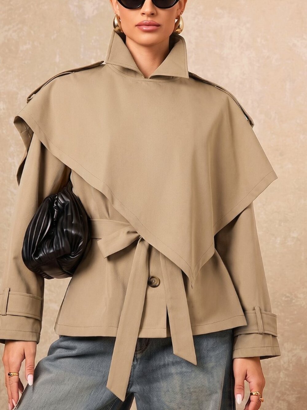 Khaki Elegant Women's Asymmetrical Batwing Long Trench Coat - Picture 3 of 6